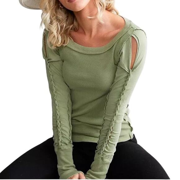 Free People We the Free Sage Green Daisy Chain Cuff Knit Top Large